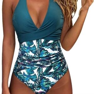 Floral Swimsuit Women's Size Medium Teal Ruched Slimming Suit Padded Cups